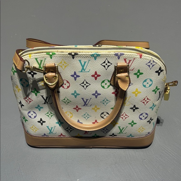Handbags - White with Colorful Monogram Pattern Purse Bag with Handles and Shoulder Strap